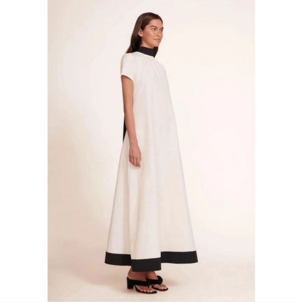 NWT STAUD Ilana dress open back maxi gown bow tie short sleeve black and ivory - Picture 3 of 4
